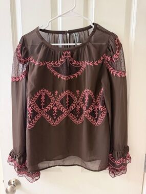 Anthropologie Brown Sheer Blouse with Pink Embroidery